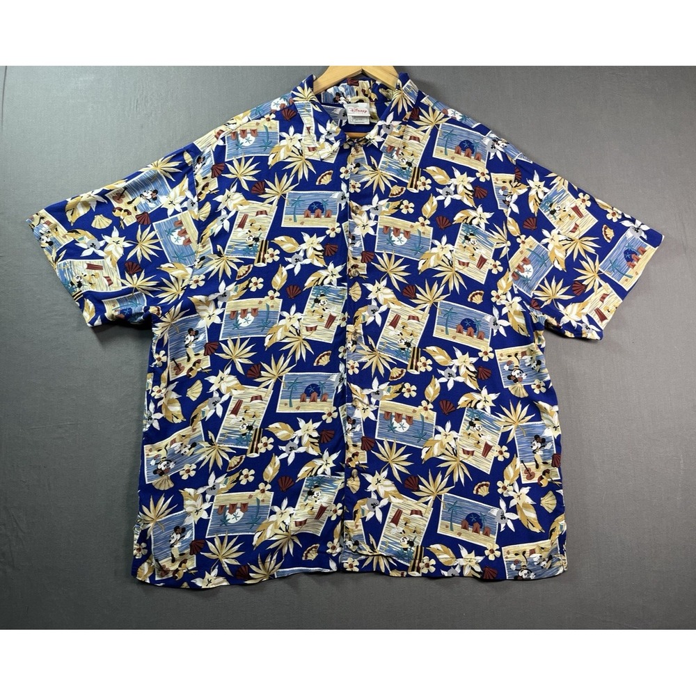 Vintage Disney Store Shirt Mens Large Blue Hawaiian Mickey Mouse Bongo Beach